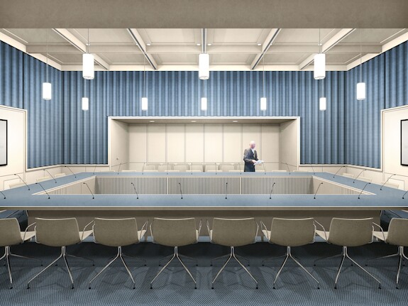 Artist impression van Commissiekamer 1 in de tijdelijke huisvesting van de Eerste Kamer