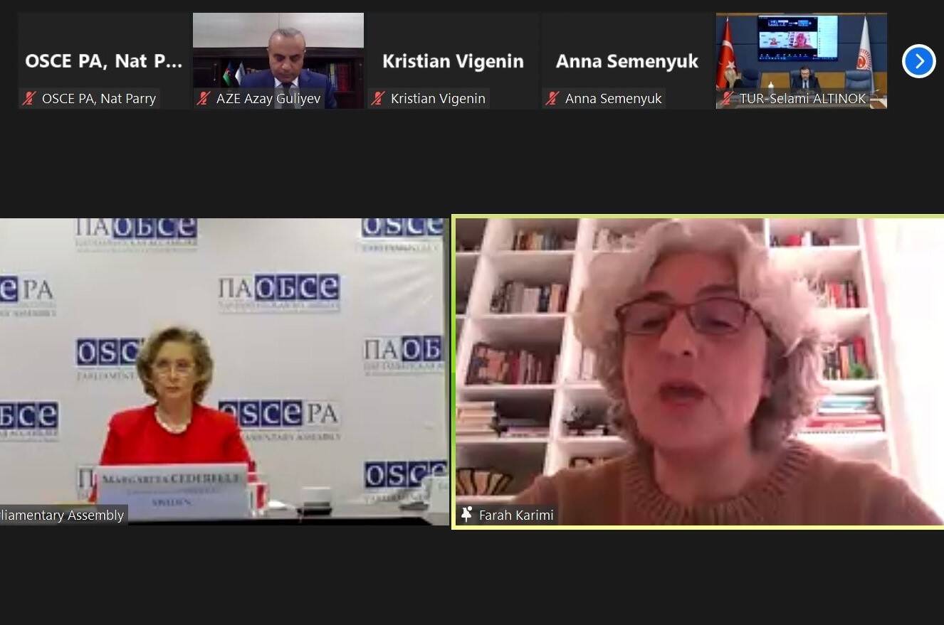 Senator Karimi spreekt tijdens de online najaarssessie van de OVSE