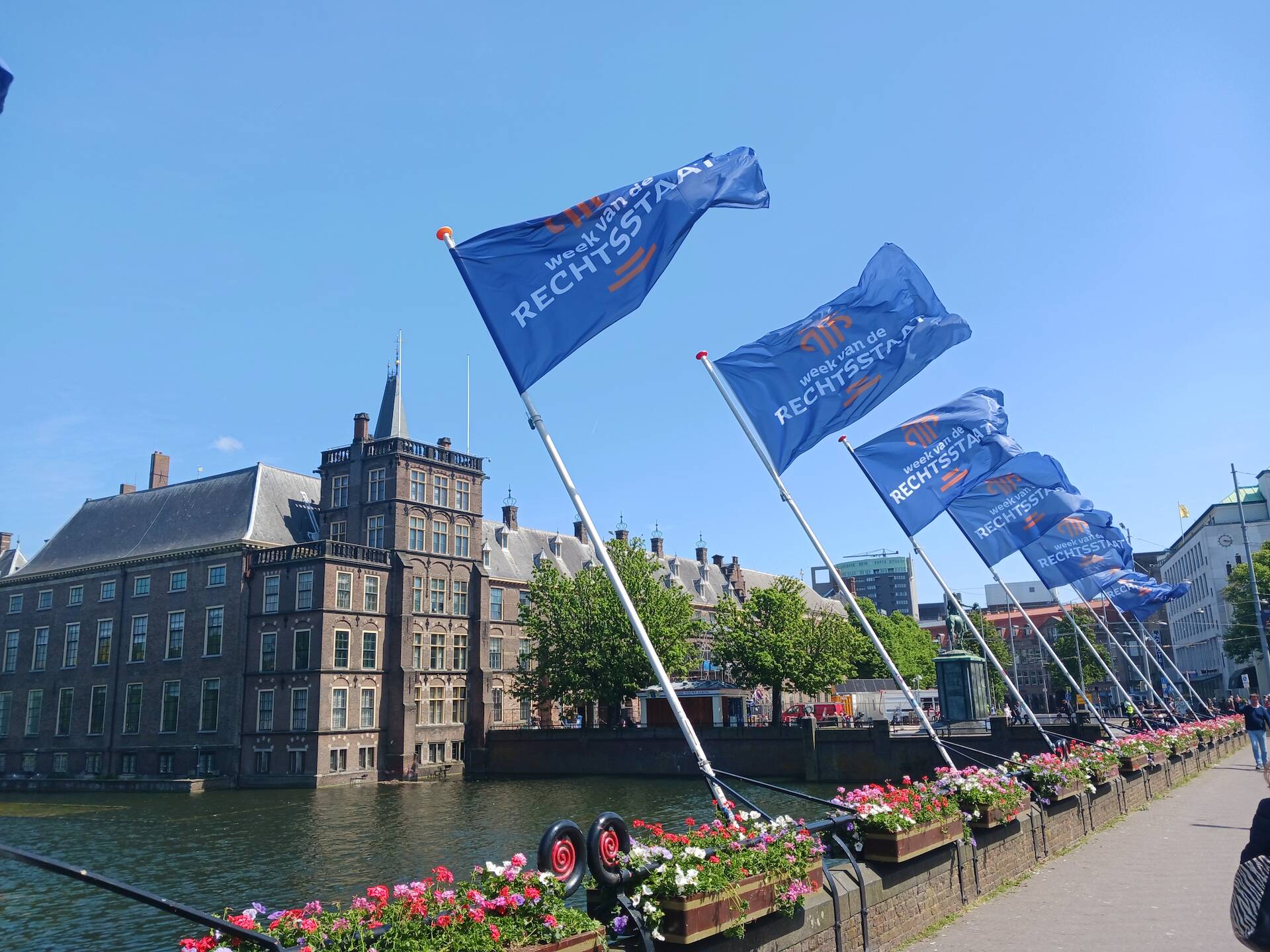 Afbeelding van de vlaggen aan de Hofvijver met op de achtergrond de Mauritstoren. Op de vlaggen staat 'week van de rechtsstaat'.