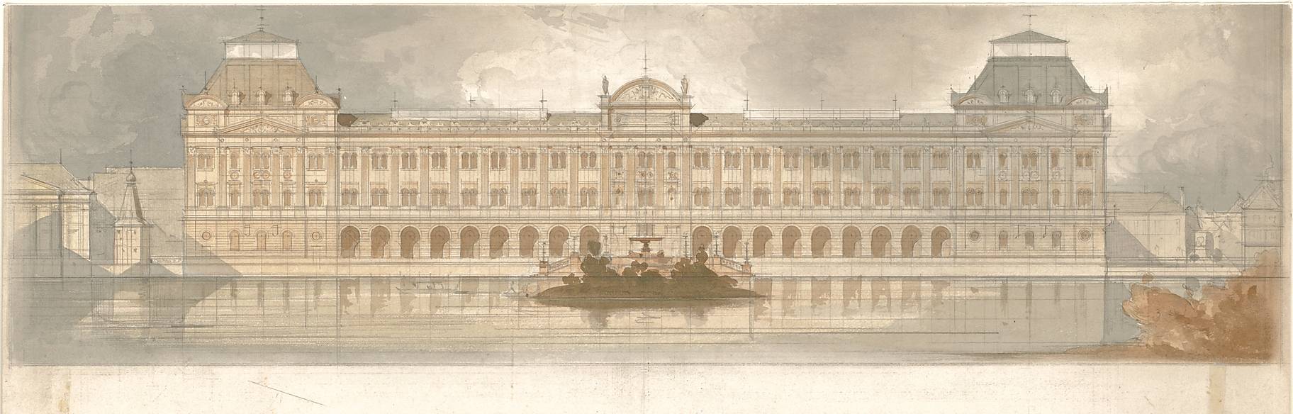 Ontwerptekening van het nieuw te bouwen Paleis der Staten-Generaal, van de hand van het Beierse architectenduo Ludwig en Emil Lange, 1865. Collectie Nationaal Archief, Den Haag.