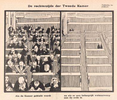 ‘De rechterzijde der Tweede Kamer. Als de Kamer gekiekt wordt (links) en als er een belangrijk wetsontwerp aan de orde is’ (rechts). Spotprent door L.J. Jordaan in De Notenkraker, 16 mei 1914. Foto: Internationaal Instituut voor Sociale Geschiedenis.