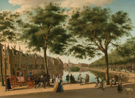 De Hofvijver gezien vanaf de Korte Vijverberg in de achttiende eeuw. Links de gebouwen van het Binnenhof. Schilderij door P.C. la Fargue, 1762. Collectie Haags Historisch Museum.