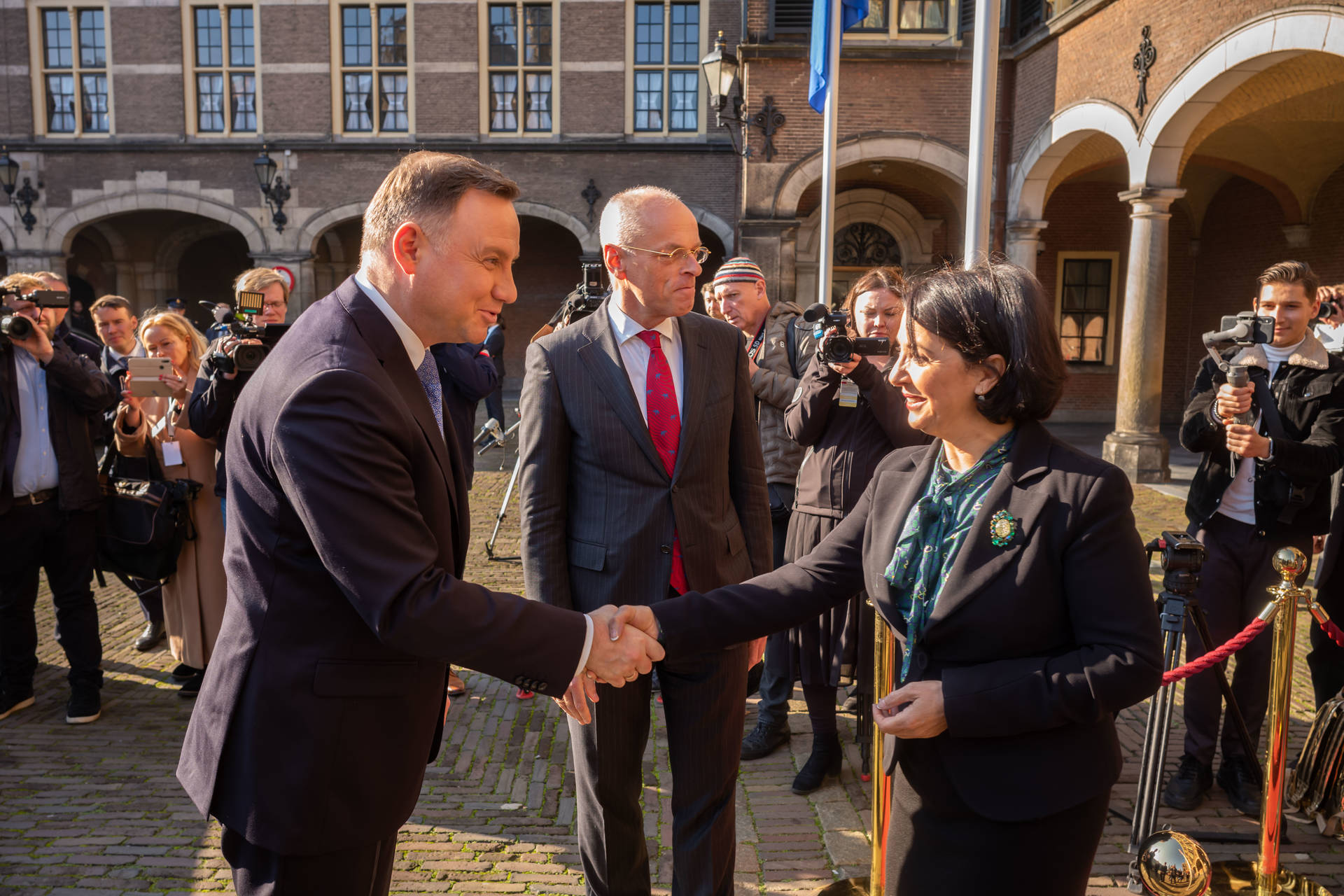 Vlnr: President Duda, Eerste Kamervoorzitter Bruijn en Tweede Kamervoorzitter Arib 