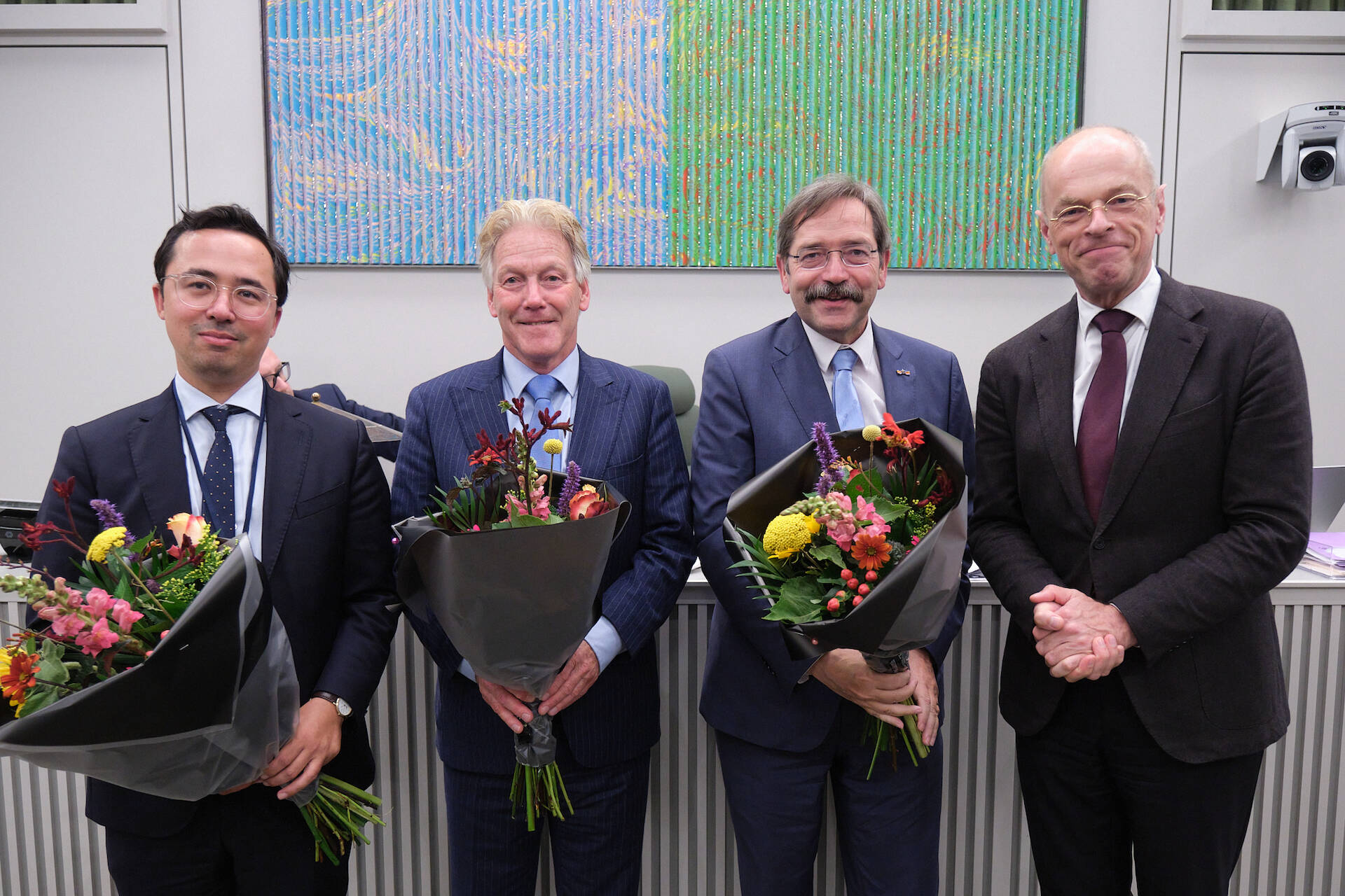 Felicitaties van Eerste Kamervoorzitter Jan Anthonie Bruijn voor senatoren Bovens, Griffioen en Martens die hun maidenspeech hielden